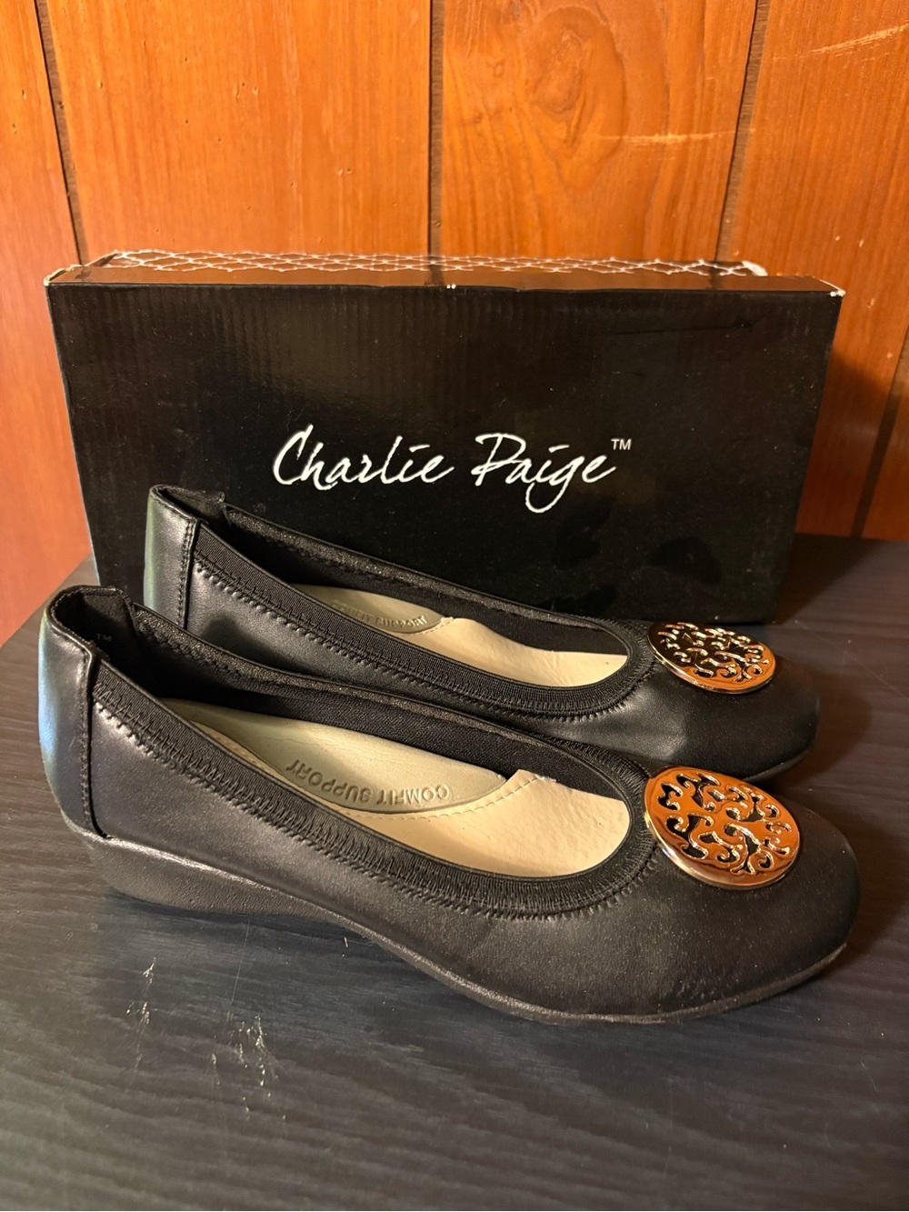 Charlie Paige Black Flats with Gold Decorative Medallion NIB